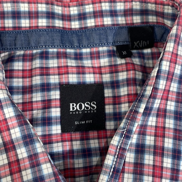BOSS HUGO BOSS Black Men’s Slim Red/Purple Check Shirt with Elbow Patch Size XL - Picture 2 of 8